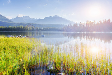 Majestic mountain lake in National Park High Tatra. Strbske pleso, Slovakia