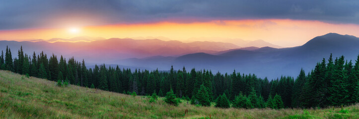 Sunset in the mountains landscape. Dramatic sky. Carpathian, Ukraine, Europe. Beauty world.