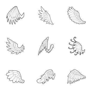 Wings of angel icons set, outline style
