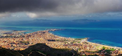 The view from the heights of the city. The dramatic and picturesque scene. Location Trapani, Erice, Sicily, Italy, Europe.