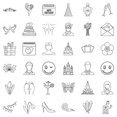 Birthday icons set, outline style