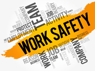 Work Safety word cloud collage with terms such as employee, company, business concept background