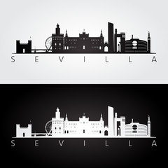 Fototapeta premium Sewilla panoramę i zabytki sylwetka, czarno-biały design, ilustracji wektorowych.