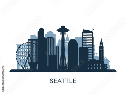 "Seattle skyline, monochrome silhouette. Vector illustration." Stock