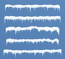 Set of long ice caps. Snowdrifts, icicles, elements winter decor