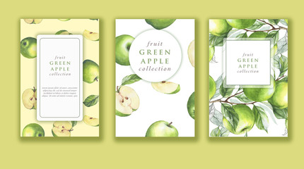 Ręcznie rysowane akwarela transparent zestaw z dojrzałych zielonych jabłek. Projekt karty dla słodyczy i wypieków wypełnionych owocami, cukierkami, jogurtem, menu deserów, produktów zdrowotnych. Z miejscem na tekst - 170933824