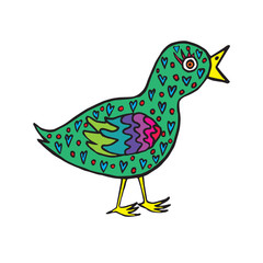 Green bird with heart shape, hand drawn doodle, sketch in naïve, pop art style, color vector illustration