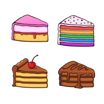 Vector illustration set. A piece of cakes in cartoon style with contour. Cakes with chocolate cream and cherry, pink glaze cream fondant and colored sugar dragees. Isolated on white background