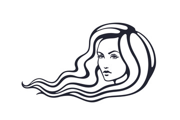 Vector illustration. Hand drawn sketch of beautiful woman with long hairs that fluttering on the wind. Face of young pretty girl with curly hairs. Fashion and hairstyle. Isolated on white background