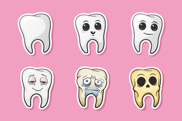 Vector illustration. Human tooth, happy tooth, sad sick tooth and skull of tooth. Symbols of oral hygiene. Set of stickers in cartoon style with contour. Isolated on pink background
