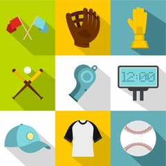 Baseball equipment icon set, flat style