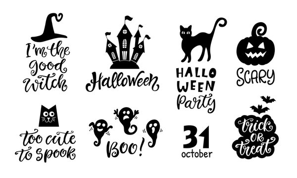 Halloween Set of Handwritten Ink Lettering and Hand Drawn Ghost, Pumpkin, Castle, Cat Doodles