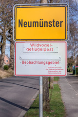 Hinweistafel Vogelgrippe Geflügelpest Beobachtungsgebiet und Ortsschild am Ortseingang von Neumünster in Schleswig-Holstein