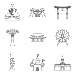 Tourist place icons set, outline style