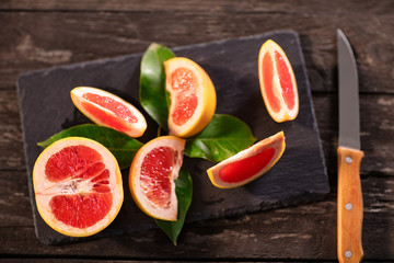 Glasses of fresh organic red orange juice and fresh fruit.