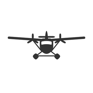 Black isolated silhouette of hydroplane on white background. Icon of front view of seaplane.