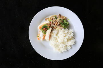 Salted eggs and fish salads eat with jasmine rice.