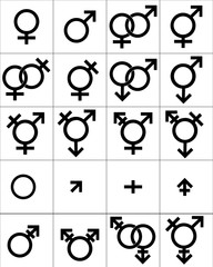 Gender Symbol, set of sex relationship, man, woman and transgender symbol black and white