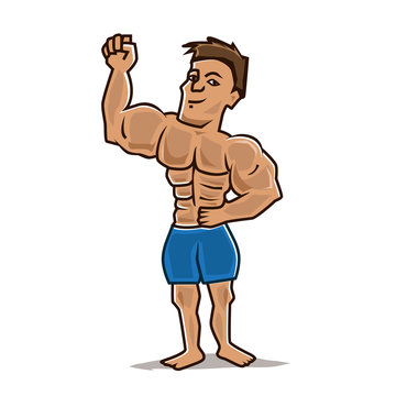 attractive bodybuilder with huge muscles wear a short, character design, isolated on white background. 