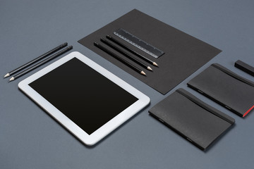 Mockup business brand template on gray background. Set of black stationery.