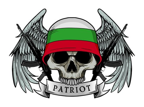 Military skull or patriot skull with BULGARIA flag Helmet and Wings Background and ak47 Gun