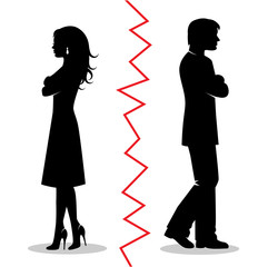 silhouettes of a heterosexual couple quarreled and turned away from each other and between the pair a red line