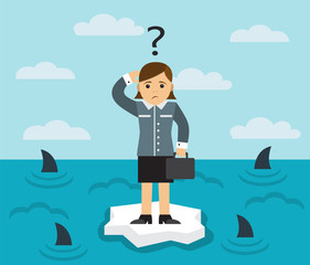 businesswoman with briefcase standing on an ice floe in the middle of the sea in which the fins of sharks seen