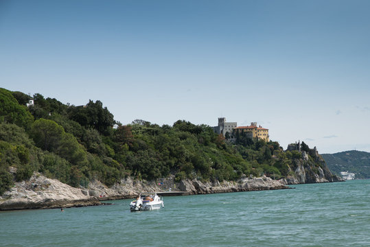 Duino Castle, a fortification of the 14th century in the Gulf of Trieste, seen from a panoramic footpath called Rilke trail. Northeastern Italy, Europe.