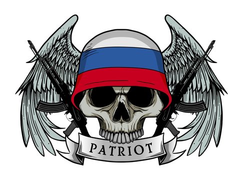 Military skull or patriot skull with RUSIA flag Helmet and Wings Background and ak47 Gun