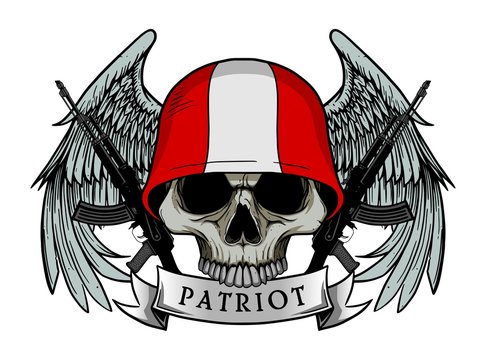 Military skull or patriot skull with PERU flag Helmet and Wings Background and ak47 Gun