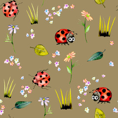 Seamless pattern with watercolor cute cartoon ladybugs and simple flowers, hand drawn isolated on a brown background