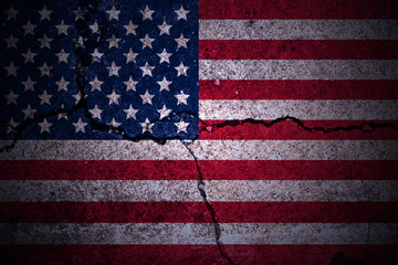 United states of america flag on broken brick wall