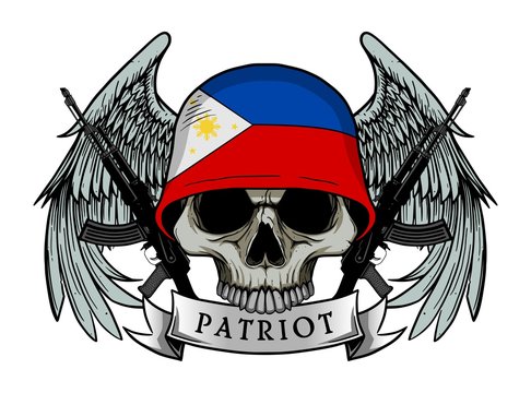 Military skull or patriot skull with PHILIPPINES flag Helmet and Wings Background and ak47 Gun