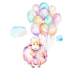 Watercolor cute pink sheep, air balloons and clouds illustration, hand drawn isolated on a white background