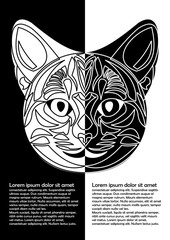 Black and white cat head in inverse leaflet design. Ornamental cat face in tattoo style. Place for own message.
