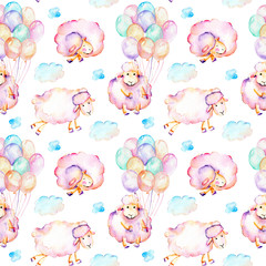 Modèle sans couture avec des moutons roses mignons à l& 39 aquarelle, des montgolfières et des illustrations de nuages, dessinés à la main isolés sur fond blanc