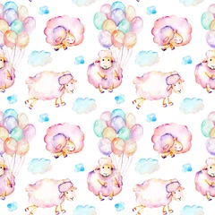 Papier peint Animaux avec ballon Modèle sans couture avec des moutons roses mignons à l& 39 aquarelle, des montgolfières et des illustrations de nuages, dessinés à la main isolés sur fond blanc