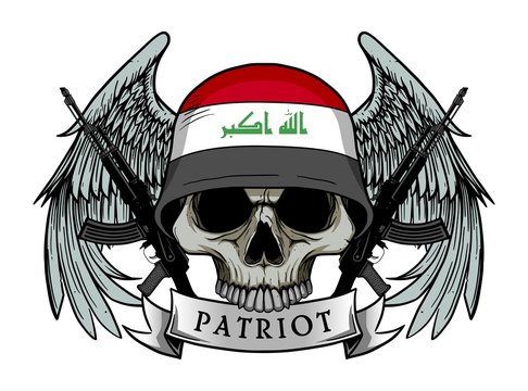 Military skull or patriot skull with IRAQ flag Helmet and Wings Background and ak47 Gun