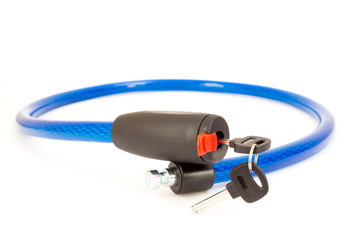 Blue bike cable lock with keys on white background.