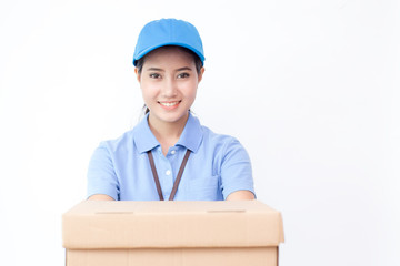 Young Asian Woman with Delivery service worker in uniform. Woman holding Box with attractive  smiling isolated on white background.