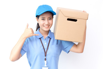 Young Asian Woman with Delivery service worker in uniform. Woman holding Box with attractive  smiling isolated on white background.
