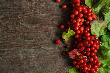Rowan berries on vintage wooden boards with copy space