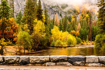 Yosemite National Park Valley and Merced River at autumn