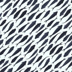 Seamless pattern with watercolor fish silhouette swimming diagonally. Vector illustration for background of menu of fish restaurant.