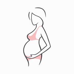 Drawing linear beautiful pregnant girl in pink clothes. Birth of a child. Vector graphic illustration of draw silhouettes for design.