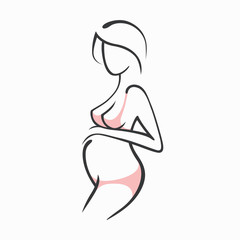 Drawing linear beautiful pregnant girl in pink clothes. Birth of a child. Vector graphic illustration of draw silhouettes for design.
