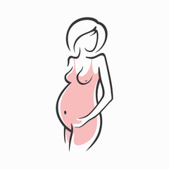 Drawing linear beautiful pregnant girl in pink clothes. Birth of a child. Vector graphic illustration of draw silhouettes for design.