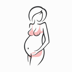 Drawing linear beautiful pregnant girl in pink clothes. Birth of a child. Vector graphic illustration of draw silhouettes for design.