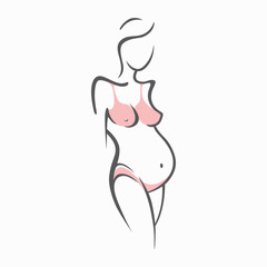 Drawing linear beautiful pregnant girl in pink clothes. Birth of a child. Vector graphic illustration of draw silhouettes for design.