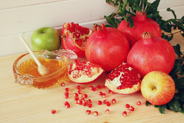 Rosh hashanah (jewish New Year holiday) concept. Traditional symbols